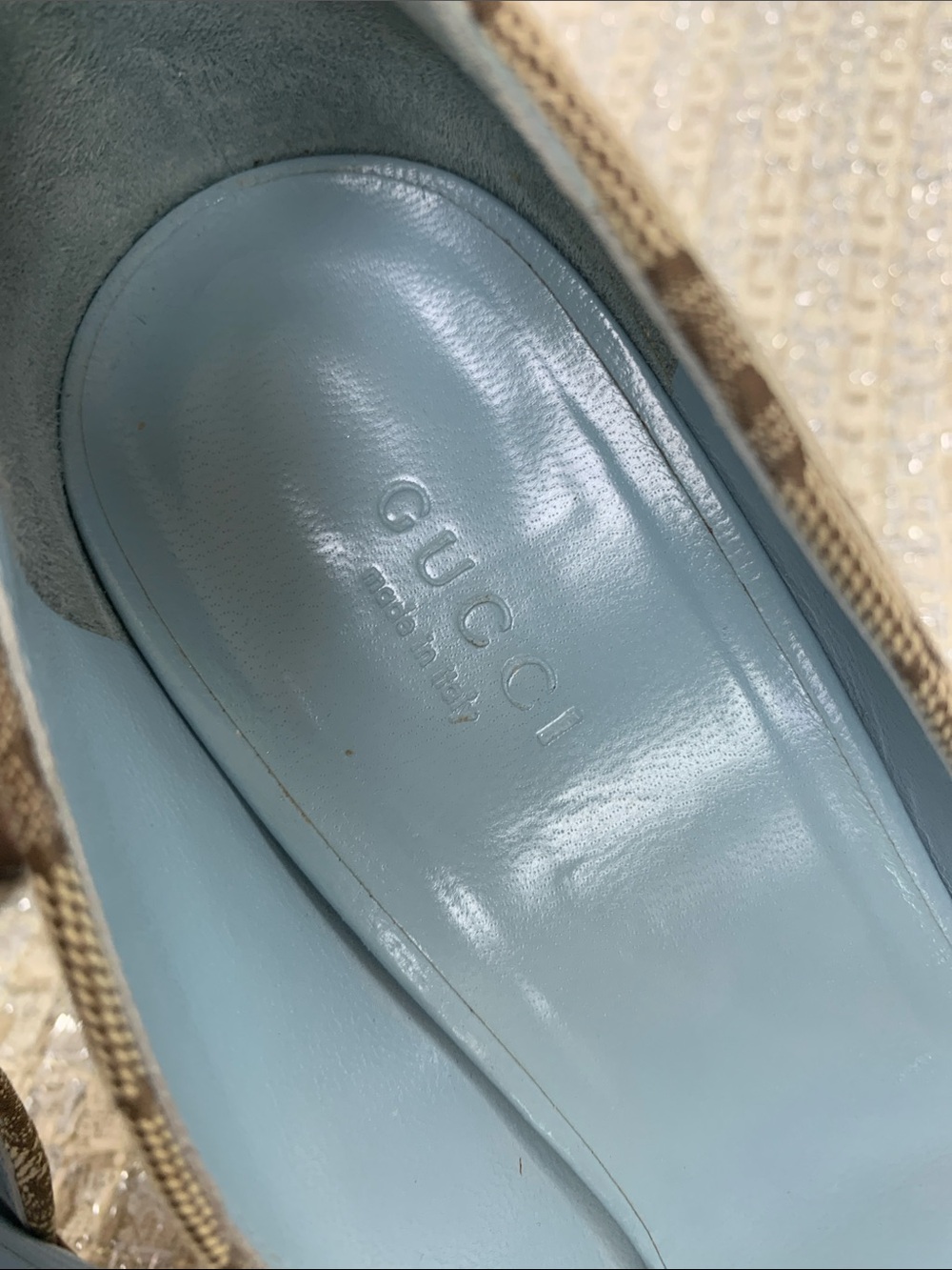Gucci Light Blue Leather Open-Toe Heels with Brown Monogram Canvas - Picture 3 of 7